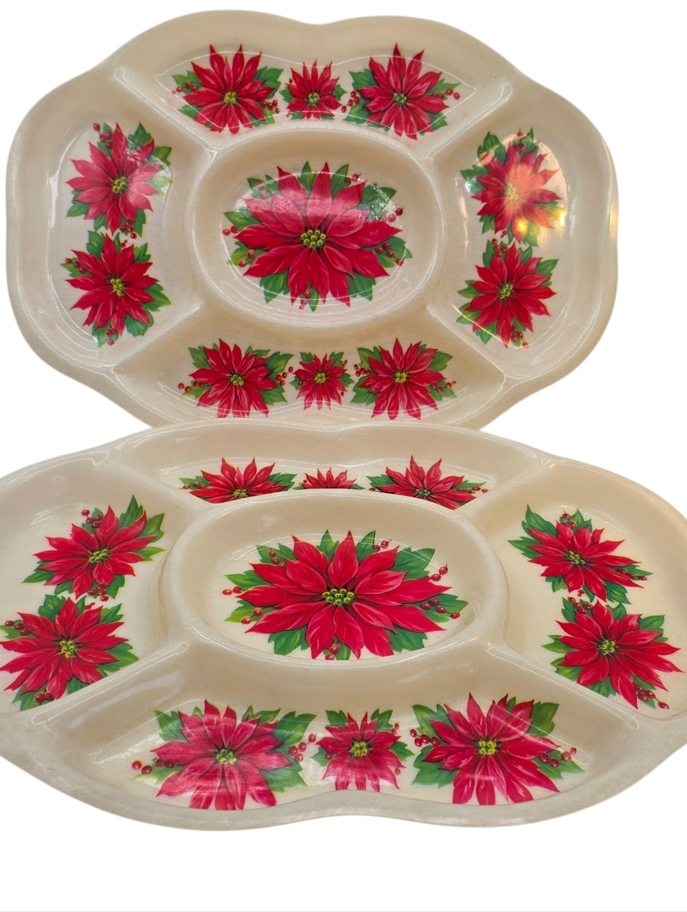 Vintage 1970's Plastic Christmas Divided Serving Trays Poinsettia Retro